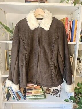 Vintage Womens Brown Faux Suede Zip Faux Fur Lined Teddy Size Large Penny Lane